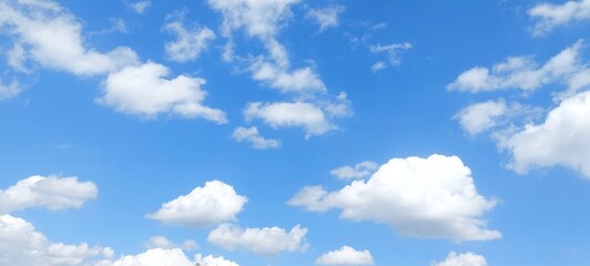 Wall Mural - Panoramic cloudscape in clear blue sky in summer. Nature sky background with fluffy clouds.