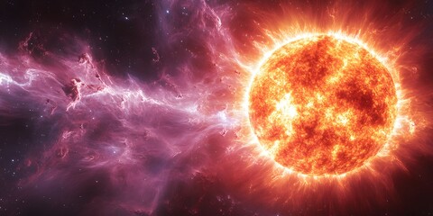 Wall Mural - A vibrant sun emitting fiery flares against a backdrop of cosmic clouds and distant stars