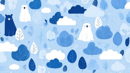 A light blue background features cute polar bears, various trees, and fluffy clouds in a whimsical and charming illustration.
