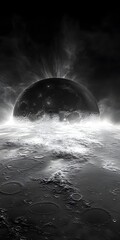 Wall Mural - A grayscale view of the moon's surface with craters and a bright glow around the horizon line