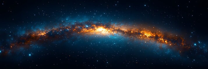 Wall Mural - A panoramic view of a vibrant galaxy with orange and blue hues against a star filled dark sky