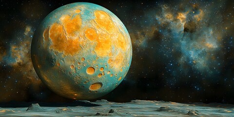Wall Mural - A teal and yellow planet rising above a rocky surface with a star filled sky in the background