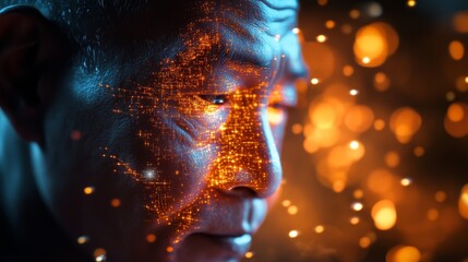 Wall Mural - a mesmerizing portrait of a man with glowing city patterns across his face. this image symbolizes th