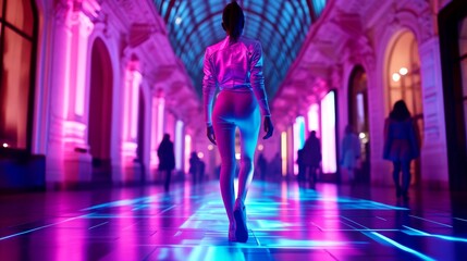 Wall Mural - a stunning figure walks through a vibrant corridor bathed in neon light. the blend of colors creates