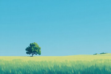 Wall Mural - flat grass field with slight hill and single tree on horizon