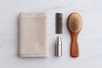Wall Mural - flat-lay haircut tools on white marble board clipper guards cape brush