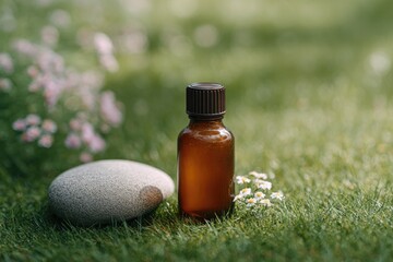 Wall Mural - flat-lay of meadow herbs essential oil bottle and stone on grass surface