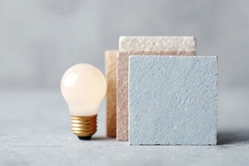 Wall Mural - flat-lay of sample tile wall paint chip and lightbulb on neutral countertop