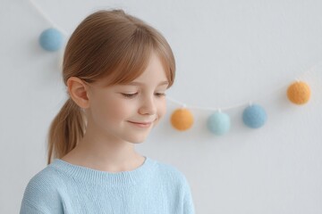 Wall Mural - girl placing handmade decoration on white wall near flag bunting