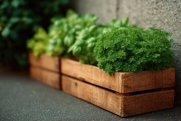 Wall Mural - minimalistic photograph of small urban garden with planters and various vegetables offering ample co