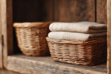 Wall Mural - open rustic cabinet with folded linen and baskets inside