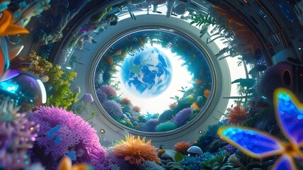 Wall Mural - A view of Earth is framed by a circular structure adorned with vibrant, diverse coral and alien-like plant life. Bright colors and surreal elements create a fantastical, otherworldly scene.
