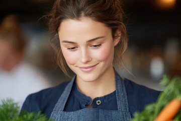 Wall Mural - portrait of participant chopping vegetables attentively in cooking class kitchen instructor and uten