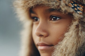 Wall Mural - profile of young indigenous boy wearing feathered headdress