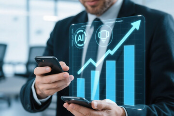 Wall Mural - businessman holding phones with ai chart showing growth and financial success in the office space
