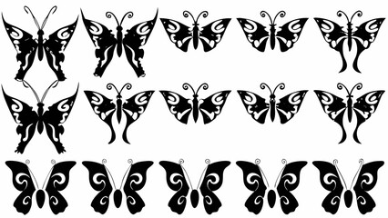 Wall Mural - Silhouette butterflies in varied designs arranged in three rows on a white background vector illustration