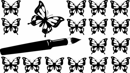 Wall Mural - Black and white image featuring butterflies and a paintbrush in a simple and clean composition style art