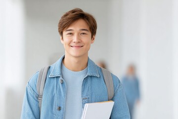Wall Mural - smiling youth placing notebook into backpack before stepping out