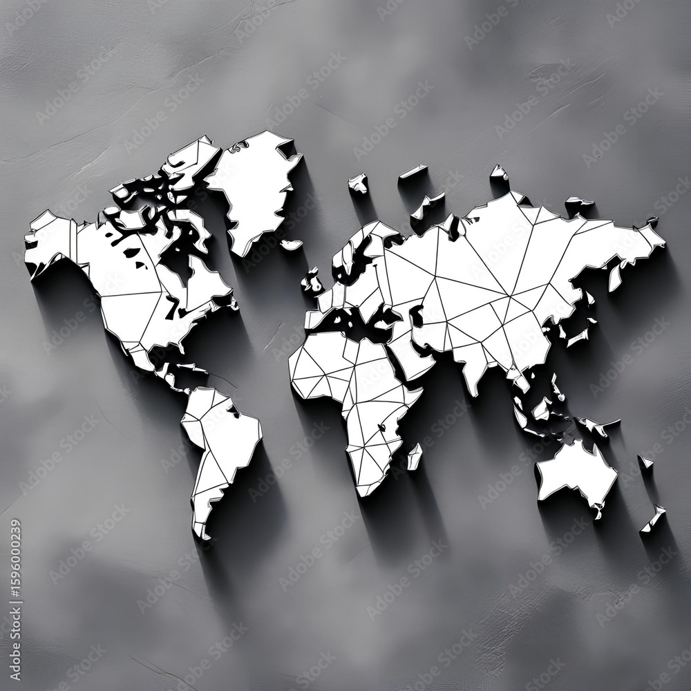 Geometric world map in white and black casting shadows on a gray ...