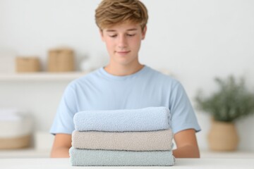 Wall Mural - teen boy calmly folding laundry as part of mindful routine