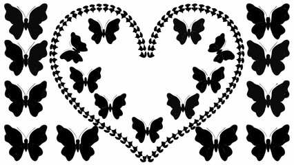 Wall Mural - Black butterflies arranged around a heart shaped border made of small leaf like shapes design art