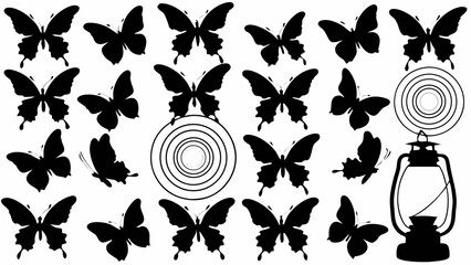 Wall Mural - Silhouetted butterflies and concentric circles with a lantern create a striking black and white scene