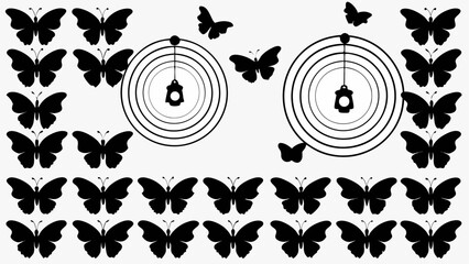 Wall Mural - Silhouette of butterflies surrounding two circular mobiles with hanging lantern shaped objects design