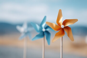 Wall Mural - tri-color paper windmills spinning in breeze on school field