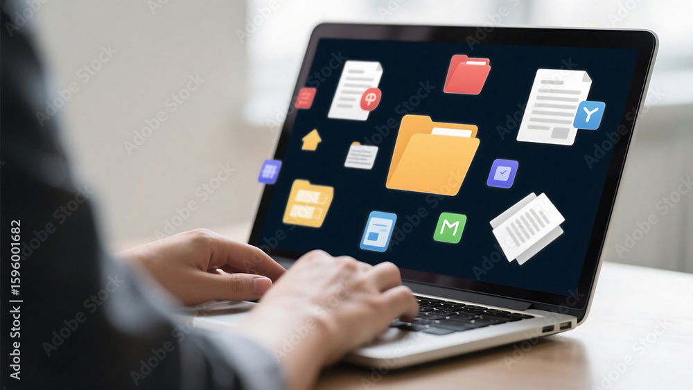 Person using laptop with file management icons displayed on the screen ...