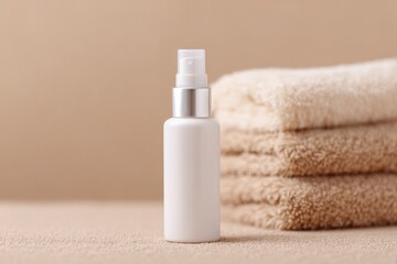 Wall Mural - white spa spritz bottle with minimal design against backdrop of fluffy towels