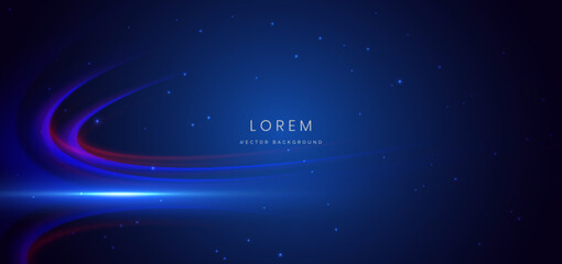Wall Mural - abstract futuristic curved glowing neon blue and red light ray on dark blue background with lighting