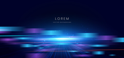 Wall Mural - abstract blue and purple geometric horizontal with lighting effect on dark blue background.