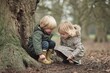 © Svitlana - Two young children are engaged in exploration, crouching beside a large tree in a tranquil woodland area on a chilly day