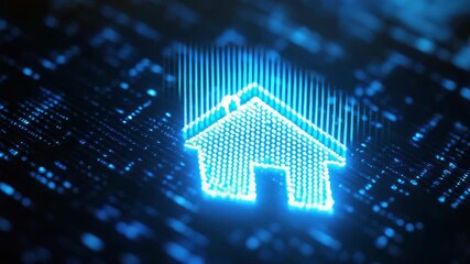 Wall Mural - digital house icon composed of glowing blue pixels on dark background, symbolizing technology in rea