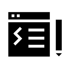 A black solid icon of a browser window with code and a pencil, perfect for websites or blogs about programming, web development, content creation, or SEO.