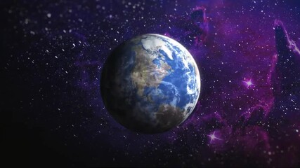 Spinning Earth in Outer Space with Glowing Purple Galaxy Nebula and Stars | 4K Cosmic Animation Background Loop, Earth Rotating in Deep Space Surrounded by Stars and Purple Nebula | High-Resolution Un
