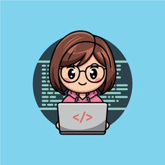Clean and modern vector  cute cartoon girl coding on laptop illustration for software developer and programmer vector graphic design
