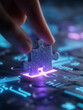 © Sai Tunyee - Hand touch glowing blue puzzle jigsaw solution strategy piece.