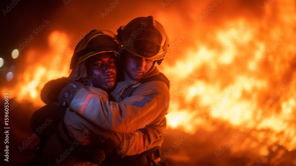 Firefighters carrying a rescued person away from burning wreckage ...