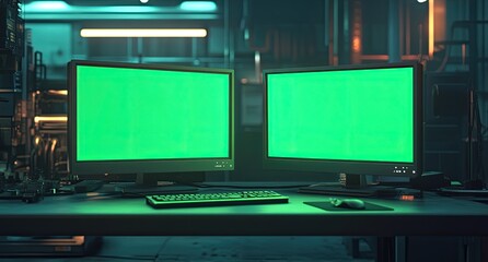 Two computer monitors with a green screen, in a dark office environment, tech room background