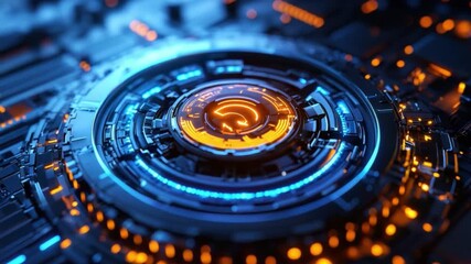 Wall Mural - futuristic digital circuit board with blue and orange lights in a high-tech environment