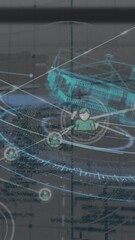 Wall Mural - animation of network of connections with icons over scope scanning and data processing