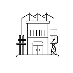 A line art illustration of an electrical substation building connected to power lines and a transformer tower, isolated on a white background.
