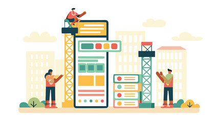 Illustration of people constructing a mobile app interface with cranes in a city setting