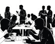 © Sajid - Illustration of college students eating lunch together in the dining hall black and white