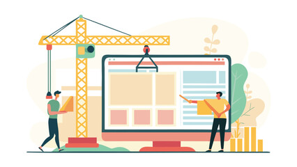 Illustration of a website under construction with a crane and two people working on it in a bright scene
