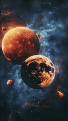 Wall Mural - two planets with a moon in between. the planets are orange and blue