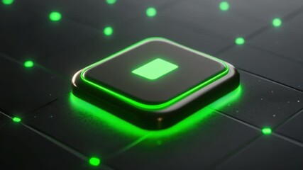Wall Mural - illuminated green button on a dark background with glowing dots creating a modern technology aesthet