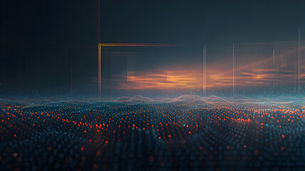 Wall Mural - Abstract image depicting a digital landscape sunset, glowing particles forming undulating waves geometric structures background.