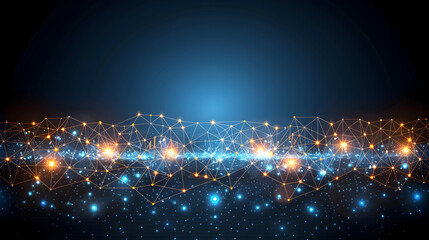 Wall Mural - Abstract image depicting a glowing network interconnected nodes, resembling a constellation against a dark blue background. nodes emit a warm golden light, creating a visually striking effect.